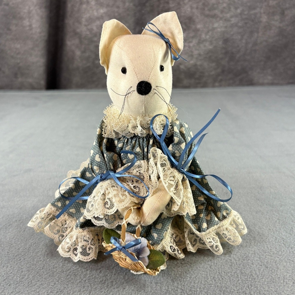 Vintage Primitive Handmade Fabric Mouse Doll Blue Heart Dress Lace Basket Decor